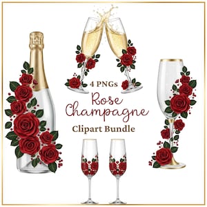 Könnte beinhalten: Ein digitales Clipart-Paket mit einer Champagnerflasche und vier Gläsern, die mit dunkelroten Rosen und grünen Blättern verziert sind. Der Text lautet 4 PNGs Rose Champagne Clipart Bundle. Die Illustrationen umfassen eine Flasche, zwei anstoßende Gläser und zwei einzelne Gläser, alle mit Blumenarrangements akzentuiert.