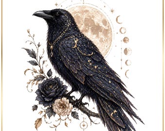 Rabe PNG Bundle Gothic Clipart, himmlische Krähe Kunst, dunkle Blumen Vogel Sublimation, witchy Mond Sterne druckbare Download, Rabe Kunst