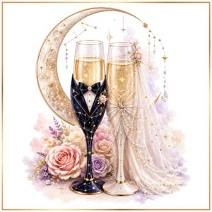 Puede incluir: Dos copas de champán decoradas como pareja, una con diseño de esmoquin azul oscuro con pajarita y la otra con estilo de vestido de novia blanco con velo, ambas llenas de líquido dorado, frente a una luna creciente y un arreglo floral pastel.