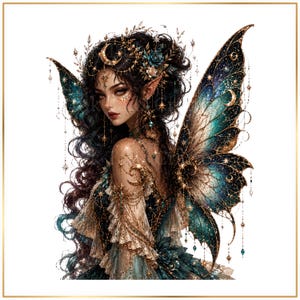 May include: A digital illustration of a fairy with dark, wavy hair adorned with a gold crescent moon and star headpiece. The figure features pointed ears, large iridescent wings in shades of teal and black with gold accents, and a ruffled dress.
