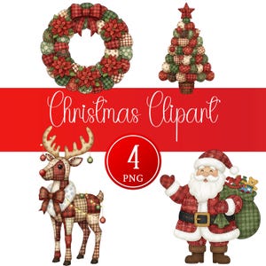 Op de afbeelding: Een verzameling kerst-thema clipart met een krans, kerstboom, rendier en kerstman. De ontwerpen bevatten rode, groene en bruine patchwork patronen, met de tekst "Christmas Clipart" en "4 PNG".