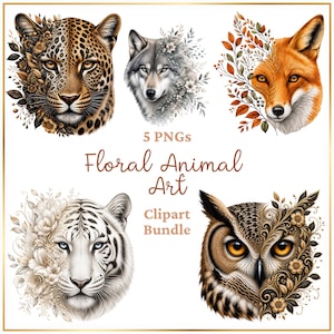 Floral Animal PNG Bundle, Tiger Owl Wolf Fox Leopard Sublimation Designs, Botanical Animal Clipart, Boho Wildlife Transparent PNG Download