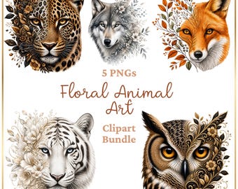 Floral Animal PNG Bundle, Tiger Owl Wolf Fox Leopard Sublimation Designs, Botanical Animal Clipart, Boho Wildlife Transparent PNG Download