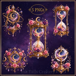 Puede incluir: Una colección digital de cinco ilustraciones con marcos dorados ornamentados que presentan motivos celestiales, incluyendo relojes de arena y marcos circulares con lunas crecientes, estrellas y rosas rosas y moradas, con el texto 5 PNGs y Ink Tails Craftery.