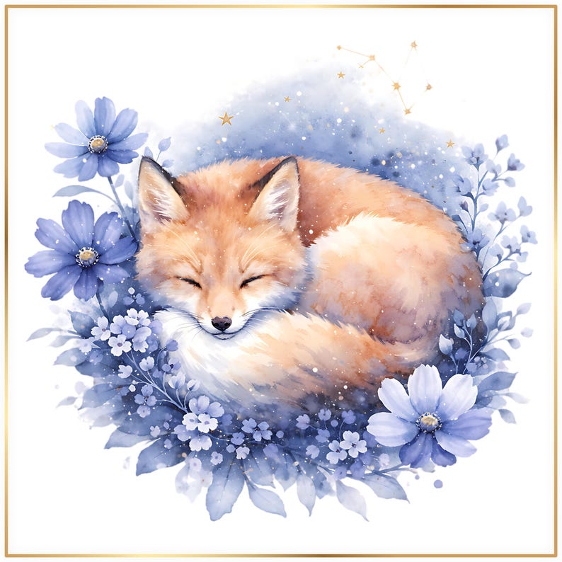 Watercolor Fox PNG Clipart Bundle, Sleeping Fox Floral Art, Woodland Animal Sublimation Design, Cute Fox Printable Download image 2