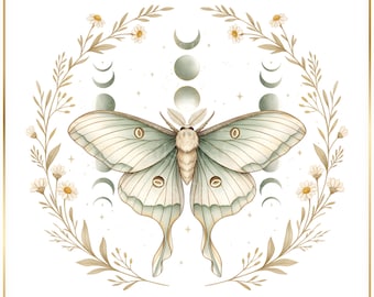 Celestial Luna Moth PNG, Boho Mystical Moon Phase Clipart, Spiritual Insect Illustration, 300 DPI Transparent Background