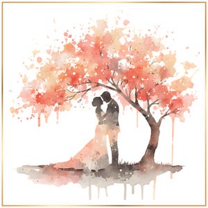 May include: A watercolour painting depicting a couple embracing beneath a tree with a coral-coloured canopy. The artwork has a gold border and a soft, romantic aesthetic, suitable for wedding decor or a special gift.