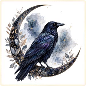 A black crow perched on a crescent moon, surrounded by a wreath of leaves and flowers, with stars in the background.