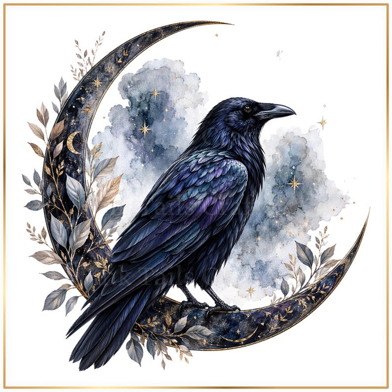 A black crow perched on a crescent moon, surrounded by a wreath of leaves and flowers, with stars in the background.