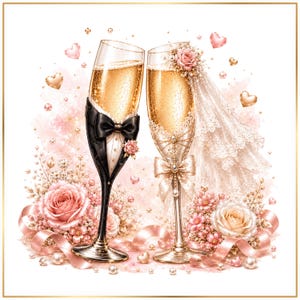 May include: Two champagne flutes filled with sparkling liquid, one decorated with a black tuxedo jacket and bow tie, the other adorned with a white lace veil and bow, surrounded by pink roses, pearls, and floating heart-shaped accents.