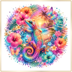 May include: A colourful illustration of a gecko surrounded by tropical flowers, butterflies, and foliage. The gecko is depicted in rainbow hues, with a beach scene in the background. The artwork has a whimsical, fantasy theme.