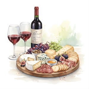 Puede incluir: Ilustración en acuarela de una tabla de embutidos con vino. La tabla presenta varios quesos, carnes, galletas, higos y uvas. Dos copas de vino y una botella de vino tinto completan la composición, sobre un fondo de acuarela suave.