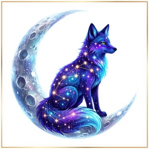 May include: A digital illustration of a fox with fur patterned like a deep blue and purple galaxy, featuring glowing yellow stars and connected constellation lines, sitting centered within a large, textured, light blue crescent moon.