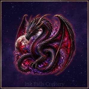 May include: A digital illustration of a black dragon with glowing red and purple scales, large wings, and sharp horns, coiled around a textured moon against a starry cosmic background. The text Ink Tails Craftery is printed at the bottom.