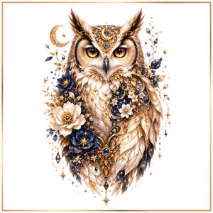 Floral Owl PNG Bundle, Celestial Owl Illustration, Fantasy Bird Graphics, Mystical Moon Owl Artwork, Witchy Decor, Owl Clipart (3 PNGs)