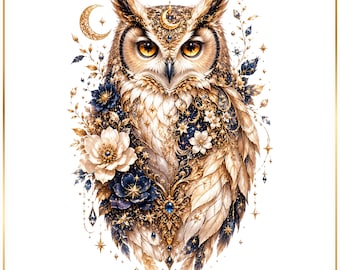 PNG-Bundle mit floralen Eulenmotiven, Illustration einer himmlischen Eule, Fantasie-Vogelgrafiken, Mystische Mond-Eulen-Kunstwerke, Hexen-Dekoration, Eulen-Cliparts (3 PNGs)