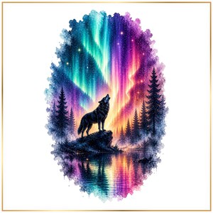 A wolf howling at the colorful northern lights, surrounded by a vibrant night sky and a serene landscape with trees and a body of water.