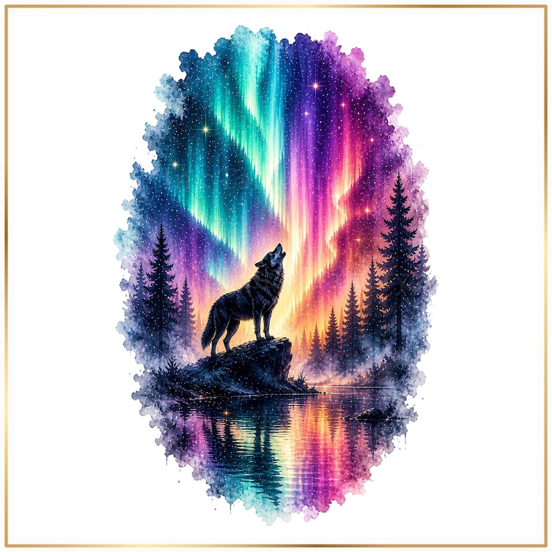 A wolf howling at the colorful northern lights, surrounded by a vibrant night sky and a serene landscape with trees and a body of water.
