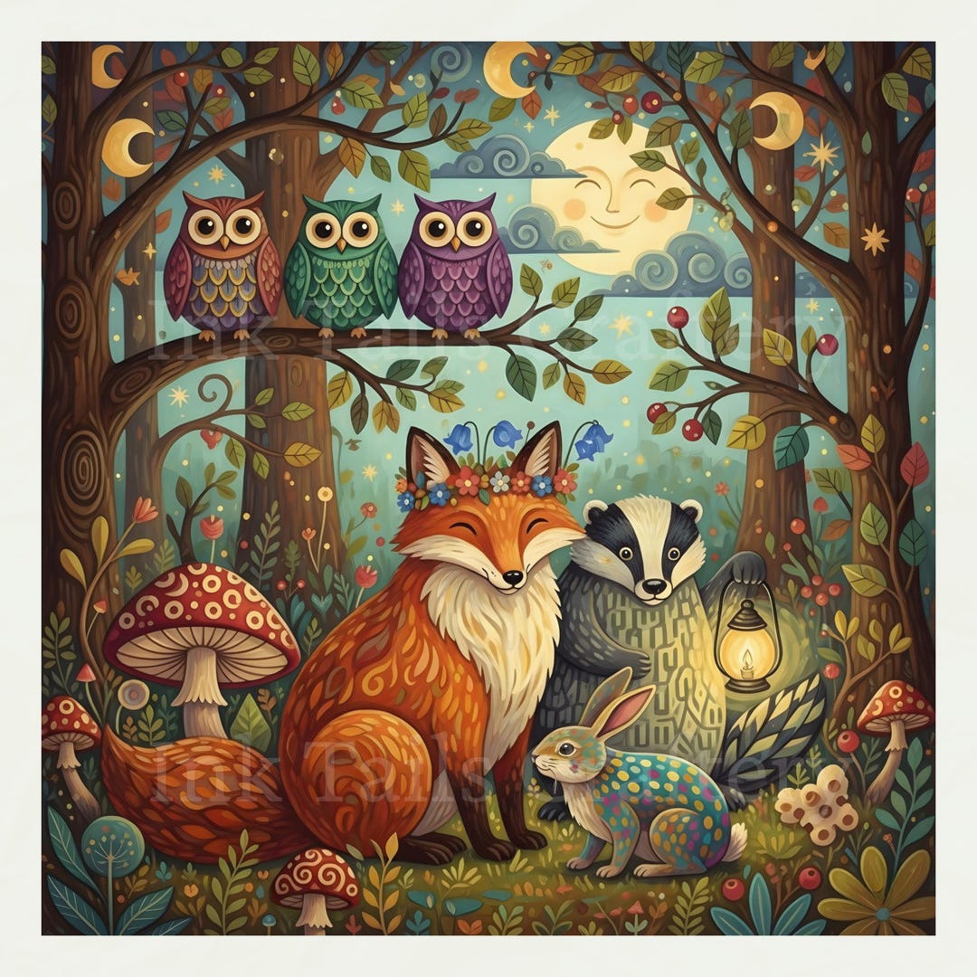 Whimsical Woodland Animals Art Print, Forest Creatures Wall Art, Fox ...