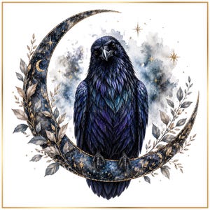A detailed illustration of a black crow perched on a crescent moon, surrounded by a wreath of leaves and flowers, with stars and a starry sky in the background.