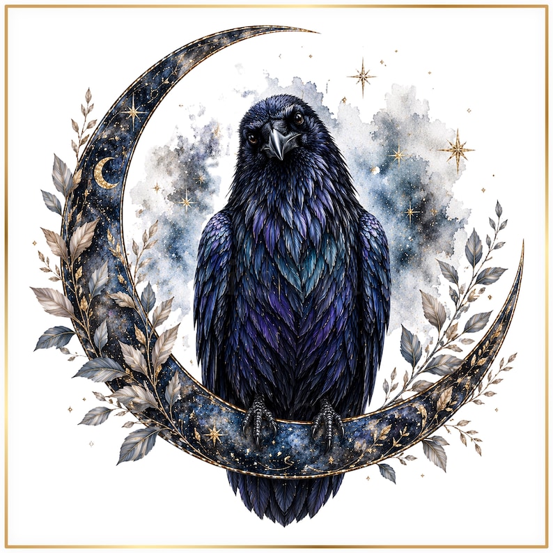 A detailed illustration of a black crow perched on a crescent moon, surrounded by a wreath of leaves and flowers, with stars and a starry sky in the background.