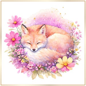 Watercolor Fox PNG Clipart Bundle, Sleeping Fox Floral Art, Woodland Animal Sublimation Design, Cute Fox Printable Download image 3