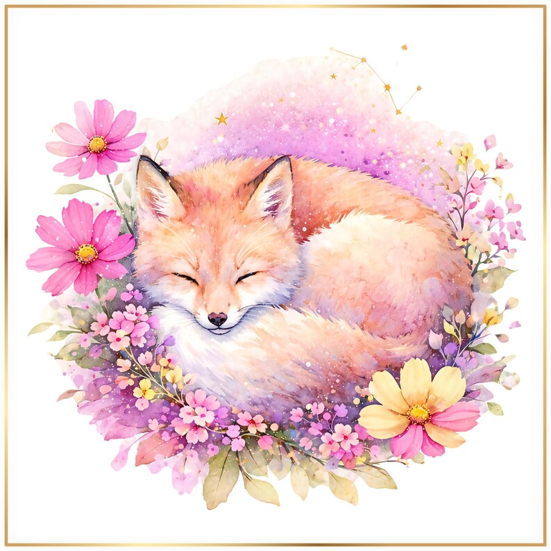 Watercolor Fox PNG Clipart Bundle, Sleeping Fox Floral Art, Woodland Animal Sublimation Design, Cute Fox Printable Download image 3