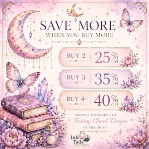 The image is a promotional poster for a shop that sells fantasy clipart designs. It features a crescent moon, butterflies, and flowers, along with various discount rates and sale offers for purchasing different quantities of the clipart designs.