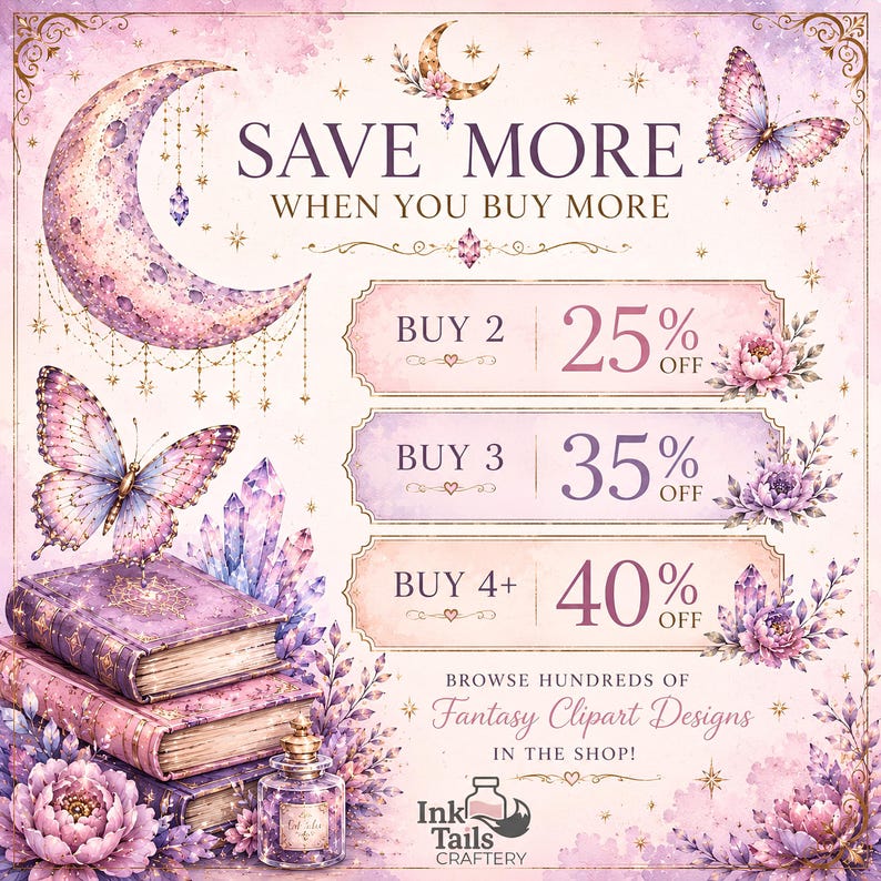The image is a promotional poster for a shop that sells fantasy clipart designs. It features a crescent moon, butterflies, and flowers, along with various discount rates and sale offers for purchasing different quantities of the clipart designs.