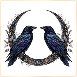 two black crows perched on a crescent moon, surrounded by a decorative floral design.