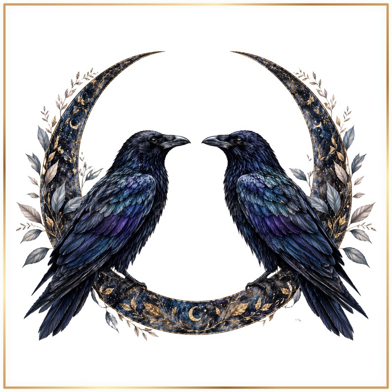 two black crows perched on a crescent moon, surrounded by a decorative floral design.