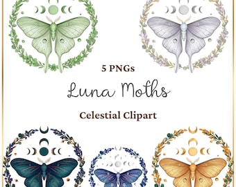 5 Luna Moth PNG Bundle, Celestial Moth Clipart, Lunar Phases Floral Wreath, Mystical Boho Art Transparent PNG