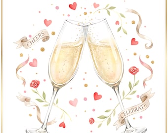 Champagne Toast PNG, Clinking Champagne Glasses, Wedding Celebration Clipart, Engagement Anniversary Party Sparkling Wine Glass Art, 4 PNGs