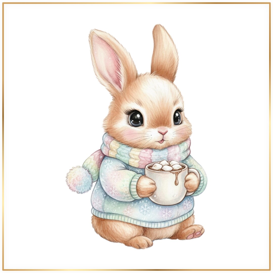 Winter Bunny PNG Clipart Set, Cute Hot Cocoa Bunny, Watercolor Rabbits ...