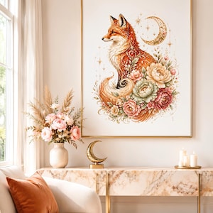 Mystical Fox PNG Bundle, Moonlit Floral Fox Clipart, Celestial Woodland Animal Art, Boho Nature Sublimation Design image 4