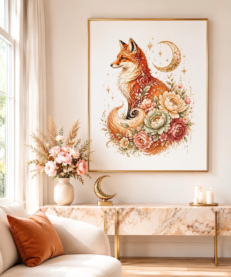 Mystical Fox PNG Bundle, Moonlit Floral Fox Clipart, Celestial Woodland Animal Art, Boho Nature Sublimation Design image 4