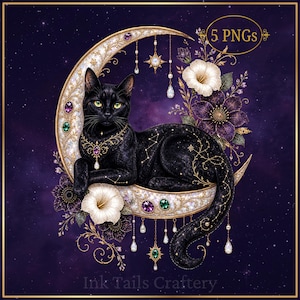May include: A digital illustration of a black cat with yellow eyes resting on a crescent moon decorated with gold filigree, purple and green gems, and white and purple flowers. Hanging charms and the text 5 PNGs are visible on a dark purple background.
