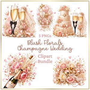 Bridal Champagne Glass PNG Set, Wedding Rings Cake Clipart, Blush Gold Wedding Sublimation, Romantic Wedding PNG Bundle