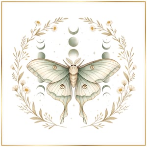 Celestial Luna Moth PNG, Boho Mystical Moon Phase Clipart, Spiritual Insect Illustration, 300 DPI Transparent Background