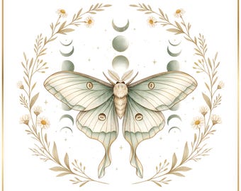 Falena lunare celeste PNG, clipart mistica boho delle fasi lunari, illustrazione di insetto spirituale, 300 DPI con sfondo trasparente