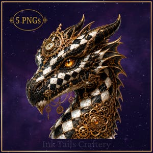May include: A digital illustration of a dragon head featuring a black and white checkered pattern, adorned with intricate gold clockwork gears, chains, and a clock face on its forehead. The text 5.PNGs and Ink Tails Craftery are visible.