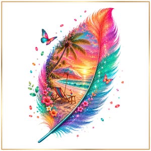 Tropical Feather Clipart PNG Bundle, Beach Sunset Palm Tree Floral Clip Art, Summer Vacation Hibiscus Butterfly Digital Graphics
