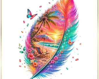 Tropical Feather Clipart PNG Bundle, Beach Sunset Palm Tree Floral Clip Art, Summer Vacation Hibiscus Butterfly Digital Graphics