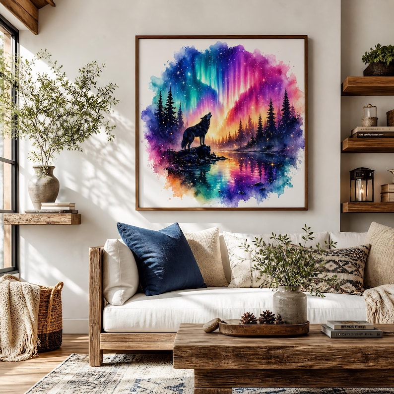 a large, colorful painting of a wolf standing on a rock, surrounded by a vibrant, rainbow-colored landscape with a lake and trees. The painting is hung on a wall above a white couch, which is decorated with various pillows and a vase of flowers. The room also includes a coffee table, shelves, and a potted plant, creating a cozy and inviting atmosphere.