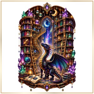 May include: A dark purple dragon with iridescent scales stands in a library with tall, curved bookshelves filled with colorful books. A spiral staircase, glowing lanterns, hanging crystal orbs, and large purple and green crystals surround the dragon.
