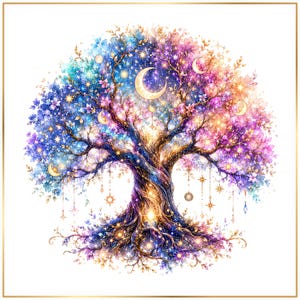 May include: A digital illustration of a tree with a twisted trunk and branches filled with blue, purple, and orange leaves. The tree is decorated with multiple crescent moons, glowing stars, and hanging ornaments, creating a celestial scene.