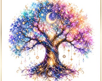 Himmelskt månträd akvarell clipart paket, förtrollat fantasiträd PNG, magiskt galaxblommor konstverk, häxig dekorgrafik