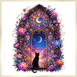 May include: A black cat sits on a ledge looking out through a gothic arched window with a stained glass rose window above. The scene features a night sky with a crescent moon, clouds, and vibrant pink, purple, and blue flowers framing the arch.