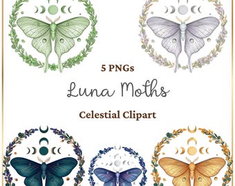 5 Luna Moth PNG Bundle, Celestial Moth Clipart, Lunar Phases Floral Wreath, Mystical Boho Art Transparent PNG