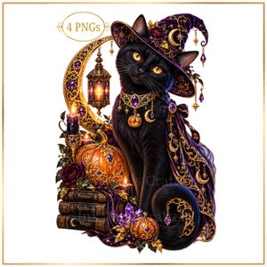 Könnte beinhalten: Eine schwarze Katze mit einem violetten Hexenhut mit Goldverzierungen, einem juwelenbesetzten Halsband und einem violetten Umhang. Die Katze sitzt neben einem Stapel Bücher mit der Aufschrift Potions, Spells und Magic, einer Laterne und Kürbissen.